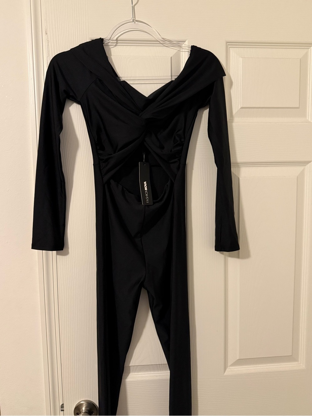 Fashion Nova Black Off-Shoulder Long-Sleeve Bodysuit Jumpsuit with Twist Front